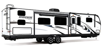 2021 Venture RV SportTrek Touring Edition STT343VIB Travel Trailer Exterior Rear 3-4 Door Side