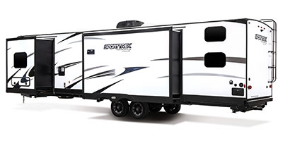 2023 Venture RV SportTrek Touring Edition STT343VIB Travel Trailer Exterior Rear 3-4 Off Door Side with Slide Out
