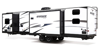 2021 Venture RV SportTrek Touring Edition STT343VIB Travel Trailer Exterior Rear 3-4 Off Door Side with Slide Out