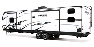2023 Venture RV SportTrek Touring Edition STT343VIB Travel Trailer Exterior Rear 3-4 Off Door Side