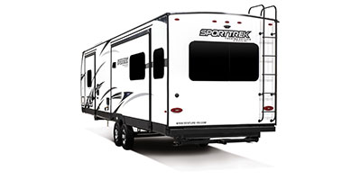 2021 Venture RV SportTrek Touring Edition STT343VIK Travel Trailer Exterior Rear 3-4 Off Door Side