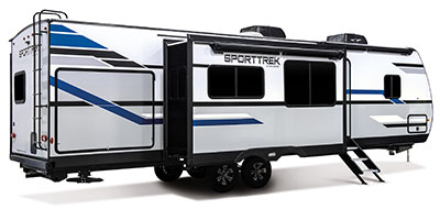 2021 Venture RV SportTrek ST327VIK Travel Trailer Exterior Rear 3-4 Door Side with Slide Out