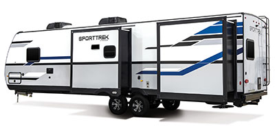 2021 Venture RV SportTrek ST327VIK Travel Trailer Exterior Rear 3-4 Off Door Side with Slide Out