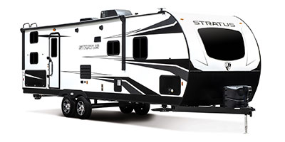 2021 Venture RV Stratus SR281VBH Travel Trailer Exterior Front 3-4 Door Side shown in Polar White