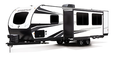 2023 Venture RV Stratus SR281VBH Travel Trailer Exterior Front 3-4 Off Door Side with Slide Out shown in Polar White