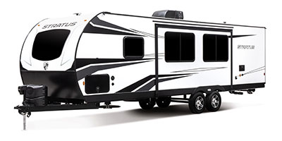 2021 Venture RV Stratus SR281VBH Travel Trailer Exterior Front 3-4 Off Door Side shown in Polar White