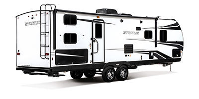 2021 Venture RV Stratus SR281VBH Travel Trailer Exterior Rear 3-4 Door Side shown in Polar White