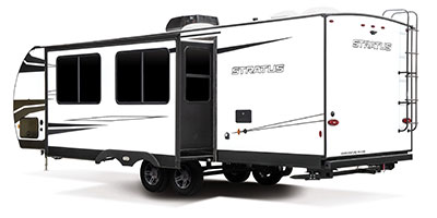 2023 Venture RV Stratus SR281VBH Travel Trailer Exterior Rear 3-4 Off Door Side with Slide Out shown in Polar White