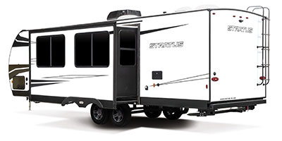 2021 Venture RV Stratus SR281VBH Travel Trailer Exterior Rear 3-4 Off Door Side with Slide Out shown in Polar White