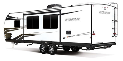 2021 Venture RV Stratus SR281VBH Travel Trailer Exterior Rear 3-4 Off Door Side shown in Polar White