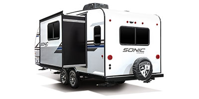 2022 Venture RV Sonic SN231VRL Travel Trailer Exterior Rear 3-4 Off Door Side with Slide Out