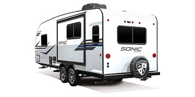 2022 Venture RV Sonic SN231VRL Travel Trailer Exterior Rear 3-4 Off Door Side