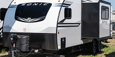 2022 Venture RV Sonic SN241VFK Travel Trailer Exterior Front 3-4 Door Side with Slide Out