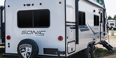 2022 Venture RV Sonic SN241VFK Travel Trailer Exterior Rear 3-4 Door Side