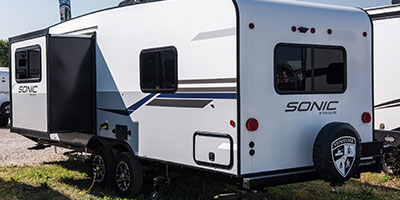 2022 Venture RV Sonic SN241VFK Travel Trailer Exterior Rear 3-4 Off Door Side with Slide Out