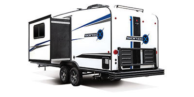 2022 Venture RV Sonic X SN220VRBX Travel Trailer Exterior Rear 3-4 Off Door Side with Slide Out