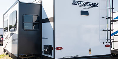 2023 Venture RV SportTrek Touring Edition STT272VRK Travel Trailer Exterior Rear 3-4 Off Door Side with Slide Out