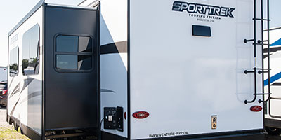 2022 Venture RV SportTrek Touring Edition STT272VRK Travel Trailer Exterior Rear 3-4 Off Door Side with Slide Out