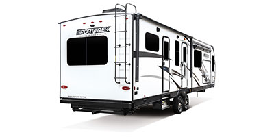 2022 Venture RV SportTrek Touring Edition STT333VMI Travel Trailer Exterior Rear 3-4 Door Side