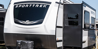 2022 Venture RV SportTrek ST251VFK Travel Trailer Exterior Front 3-4 Off Door Side with Slide Out