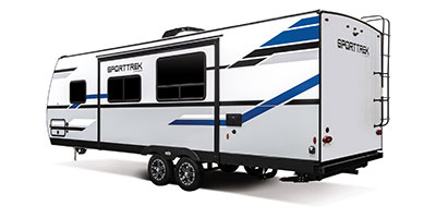 2022 Venture RV SportTrek ST270VBH Travel Trailer Exterior Rear 3-4 Off Door Side