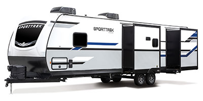 2022 Venture RV SportTrek ST327VIK Travel Trailer Exterior Front 3-4 Off Door Side with Slide Out
