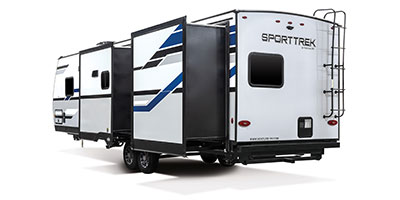 2022 Venture RV SportTrek ST327VIK Travel Trailer Exterior Rear 3-4 Off Door Side with Slide Out