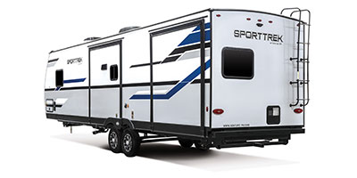 2022 Venture RV SportTrek ST327VIK Travel Trailer Exterior Rear 3-4 Off Door Side