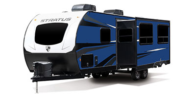 2022 Venture RV Stratus SR281VBH Travel Trailer Exterior Front 3-4 Off Door Side with Slide Out