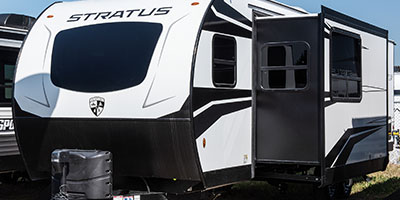 2022 Venture RV Stratus SR281VFD Travel Trailer Exterior Front 3-4 Off Door Side with Slide Out