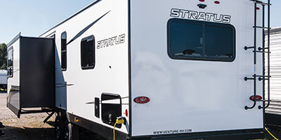 2022 Venture RV Stratus SR281VFD Travel Trailer Exterior Rear 3-4 Off Door Side with Slide Out