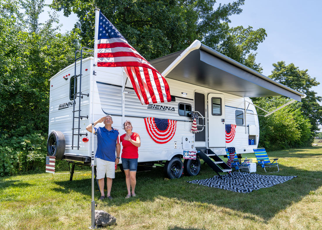 2026 Venture RV Sienna SA251VRB Travel Trailer with Couple by American Flag