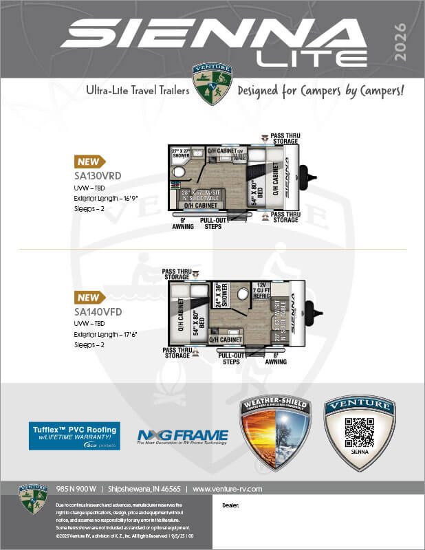 2026 Venture RV Sienna Lite Travel Trailers Flyer