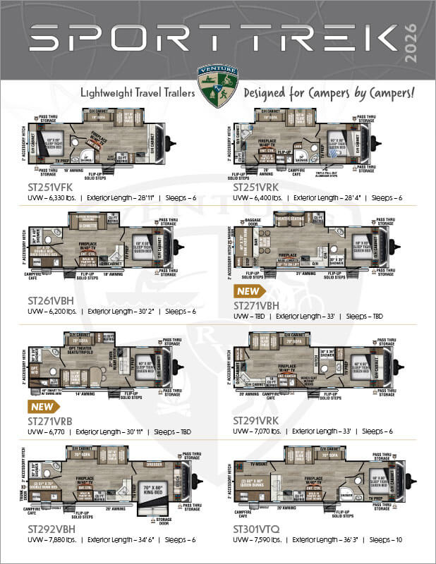 2026 Venture RV SportTrek Lightweight Travel Trailers Floorplan Flyer