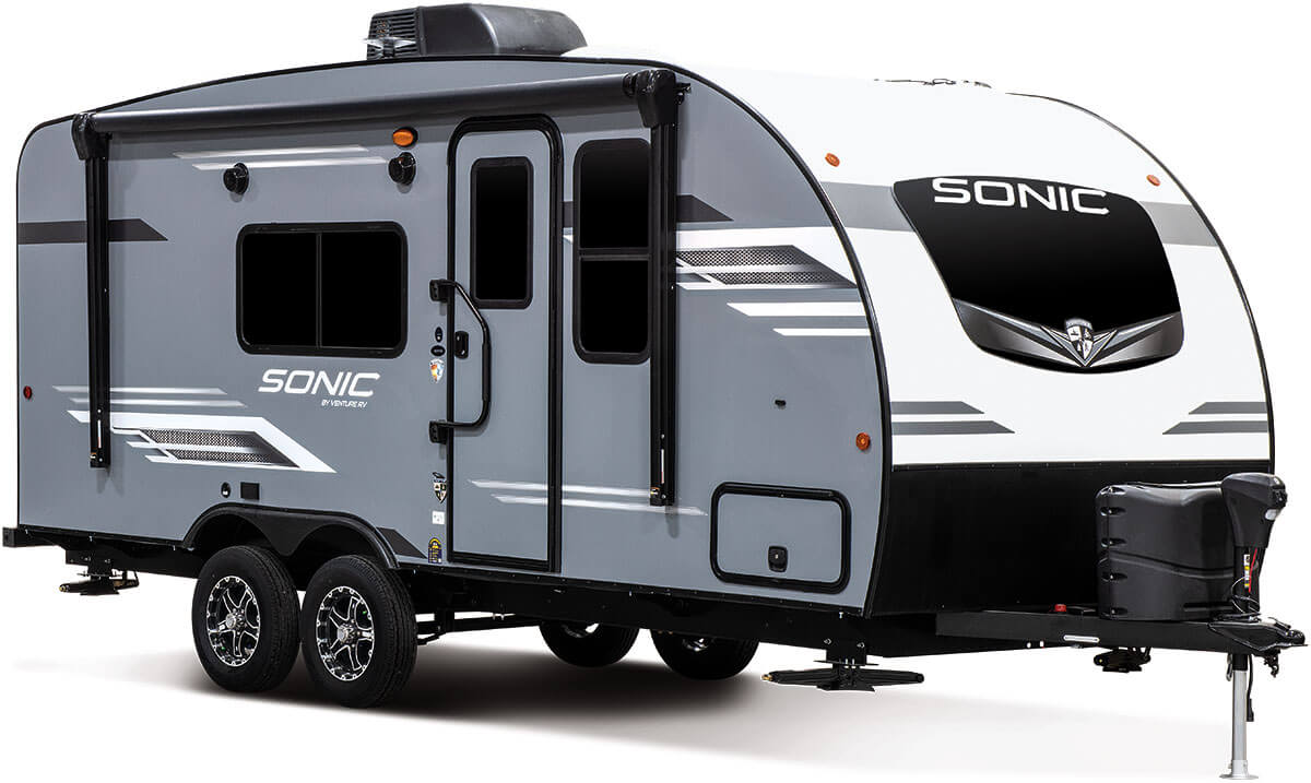 Side profile shot of a Venture Sonic RV in black, grey and white