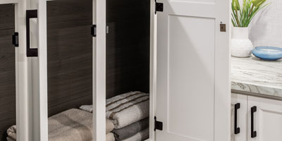 2026 Venture RV Campbound Platinum CBP261CRB Travel Trailer Bathroom Cabinets Open