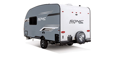 2024 Venture RV Sonic Lite SL150VRB Travel Trailer Exterior Rear 3-4 Off Door Side