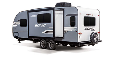 2024 Venture RV Sonic SN231VRL Travel Trailer Exterior Rear 3-4 Off Door Side with Slide Out