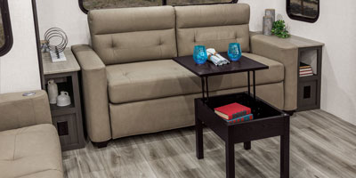 2026 Venture RV SportTrek STF303VIK Fifth Wheel Living Room Tri-Fold Sofa with Table Open