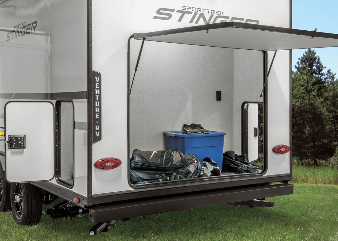 2026 Venture RV SportTrek Stinger STS222VUD Travel Trailer Rear Trunk Door Storage