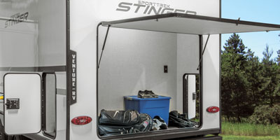 2026 Venture RV SportTrek Stinger STS222VUD Travel Trailer Exterior Rear Trunk Door Storage