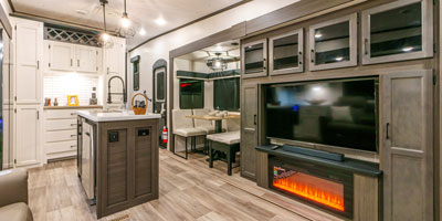 2025 Venture RV SportTrek Touring Edition STTF353VIK Fifth Wheel Entertainment Center and Dining Area