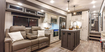 2025 Venture RV SportTrek Touring Edition STTF353VIK Fifth Wheel Theater Seating and Kitchen