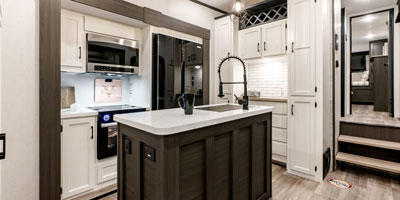 2025 Venture RV SportTrek Touring Edition STTF354VBH Fifth Wheel Kitchen Island, Refrigerator and Hutch
