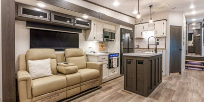 2025 Venture RV SportTrek Touring Edition STTF363VFR Fifth Wheel Living Room and Kitchen