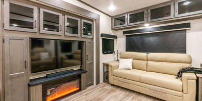 2025 Venture RV SportTrek Touring Edition STTF363VFR Fifth Wheel Sofa and TV