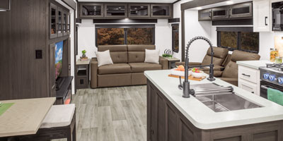 2026 Venture RV SportTrek Touring Edition STTF353VIK Fifth Wheel Kitchen and Living Room