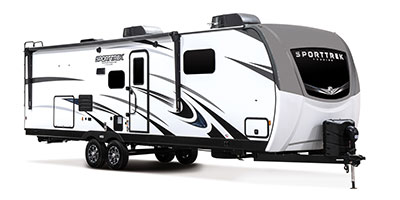 2023 Venture RV SportTrek Touring Edition STT302VRB Travel Trailer Exterior Front 3-4 Door Side