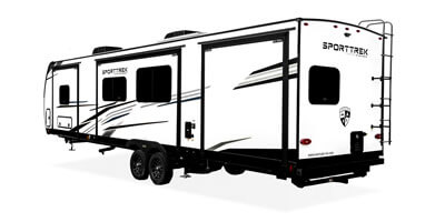 2025 Venture RV SportTrek Touring Edition STT343VBH Travel Trailer Exterior Rear 3-4 Off Door Side