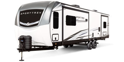2026 Venture RV SportTrek Touring Edition STT333VMI Travel Trailer Exterior Front 3-4 Off Door Side